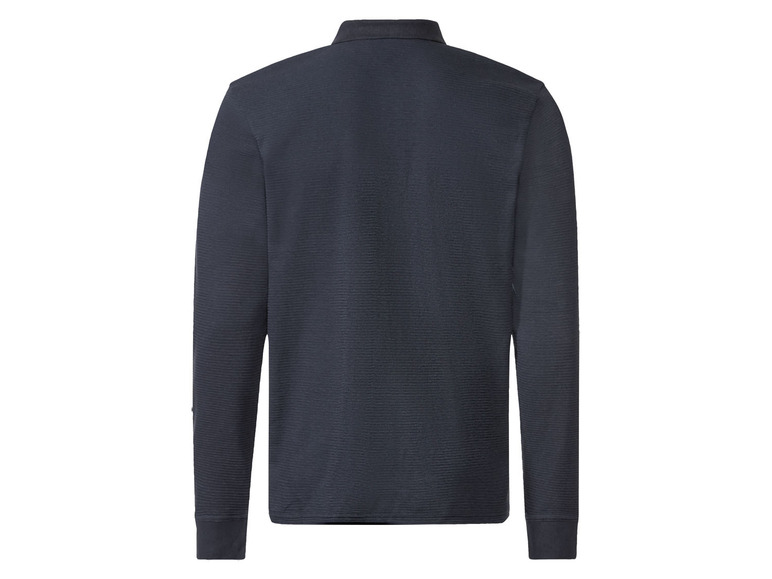 Donkerblauwe longsleeve polo met geribbelde textuur.