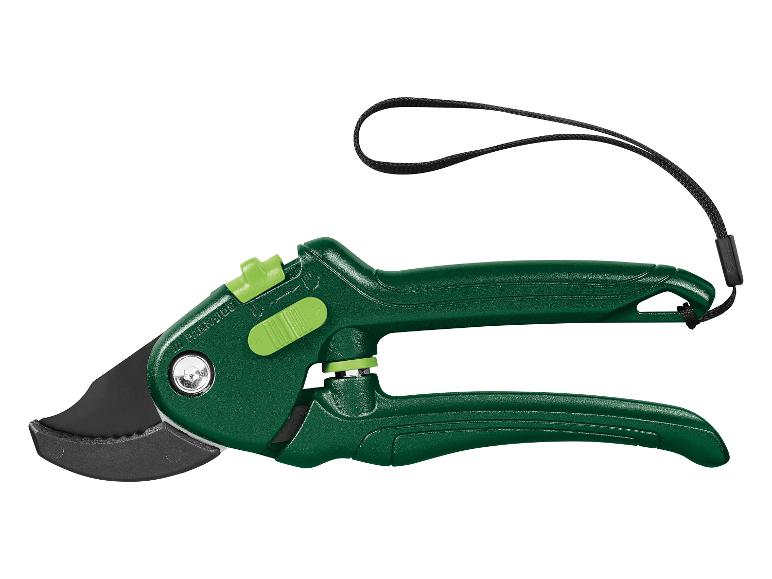 Groene snoeischaar met een zwarte draaglus van Parkside.