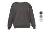 Donkergrijs kinder sweatshirt met oranje olifantenmotief, verkrijgbaar in diverse kleuren en patronen.