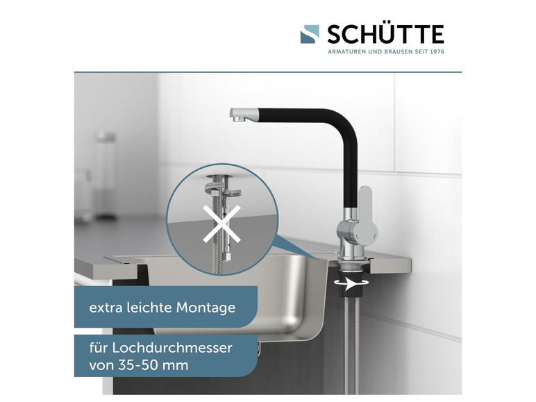 Een zwarte kraan van Schütte met een eenvoudige installatie voor een gootsteen met een gat van 35-50mm.