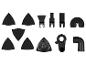 Assortiment accessoires voor oscillerende gereedschappen, waaronder schuurpads, schraper, zaagbladen en stofafzuigadapter.