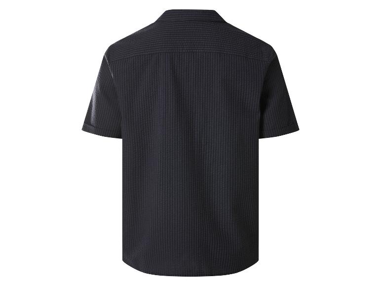 Donkerblauw herenoverhemd met korte mouwen en gestreept patroon, achteraanzicht.