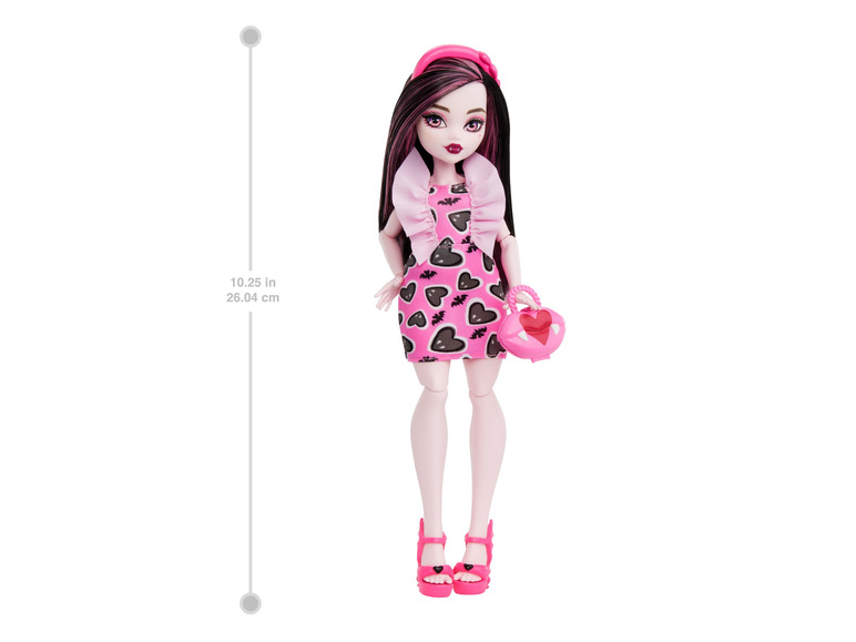 Een Monster High pop met roze jurk en accessoires.