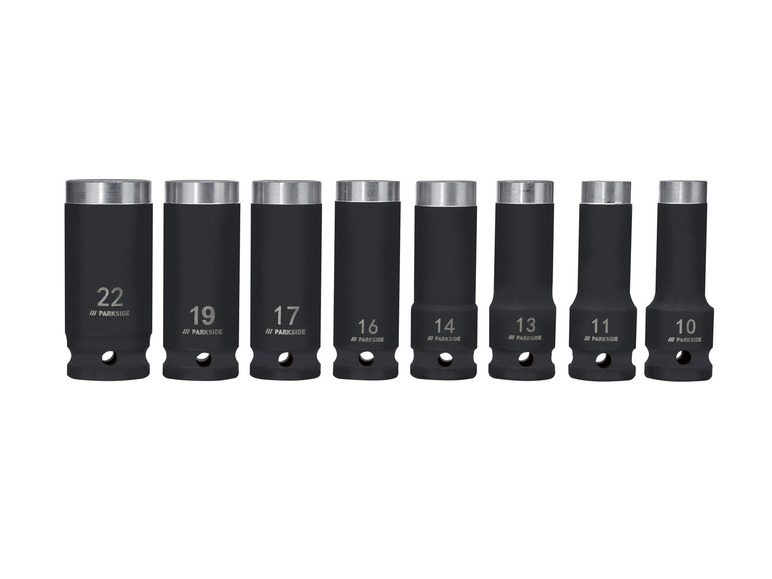 Parkside-steeksleutels met maten 22, 19, 17, 16, 14, 13, 11 en 10 mm.