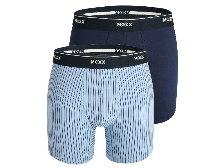 Twee paar boxershorts van Mexx, één gestreept en één effen blauw.