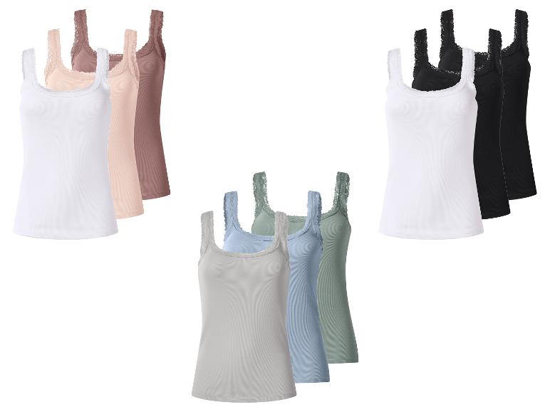 Drie sets geribbelde tanktops met kanten rand in wit, zwart, nude, bruin, grijs, blauw en groen.