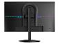 Achterkant van een zwarte monitor met blauwe en paarse LED-verlichting, met centrale standaard.