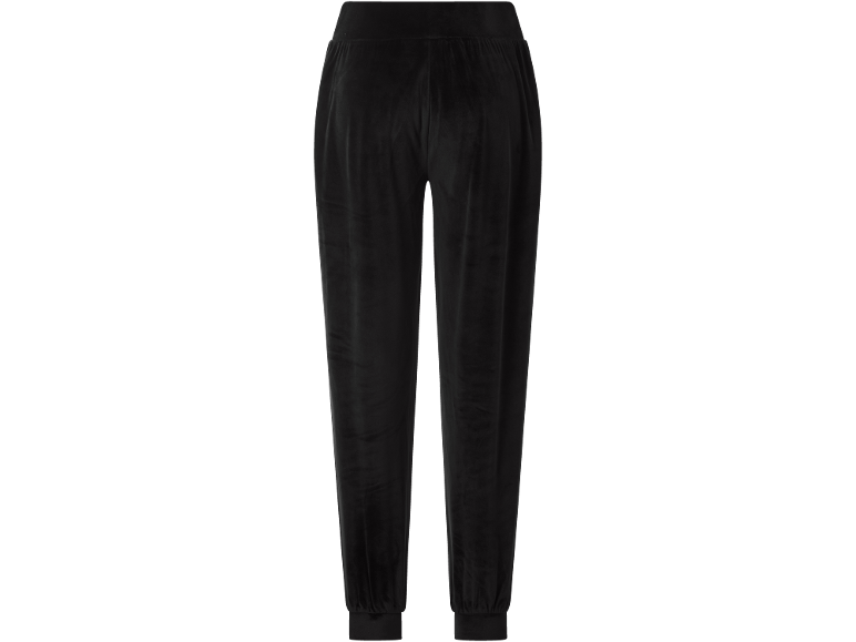 Zwarte fluwelen damesbroek met elastische tailleband en boorden.