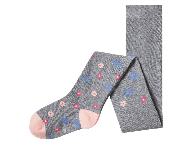 Grijze kinderpanty met kleurrijk bloemenpatroon en roze tenen.