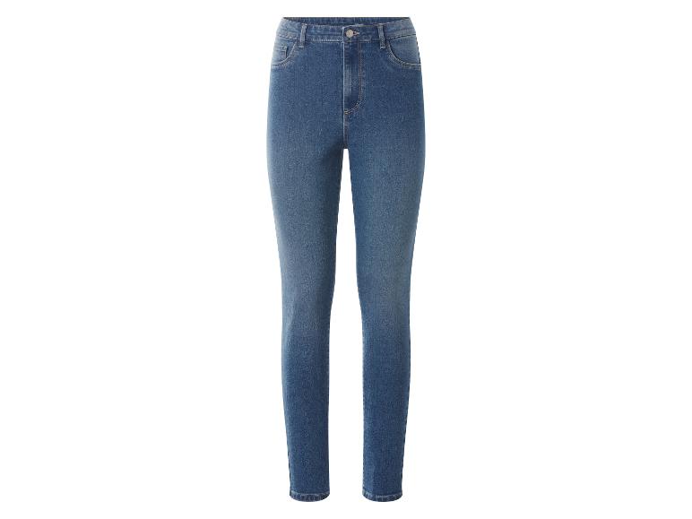 Dames blauwe jeans met hoge taille en smalle pijpen.
