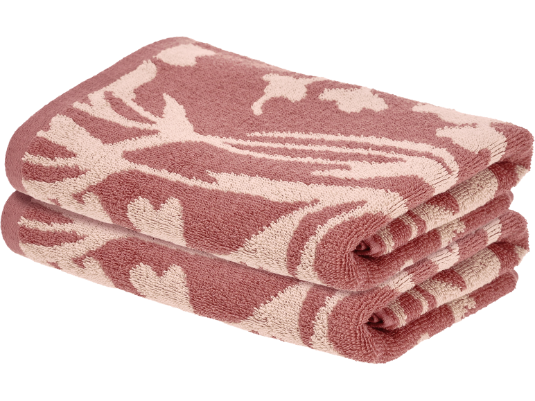 Twee gevouwen roze en wit patroon handdoeken met tropisch bladontwerp.