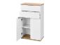 Witte ladekast met lades en planken, met een hout-effect boven- en onderkant.