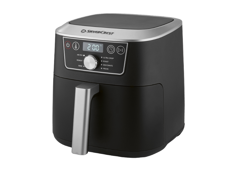 Zwarte digitale heteluchtfriteuse met display dat 200°C en diverse kookfuncties toont.