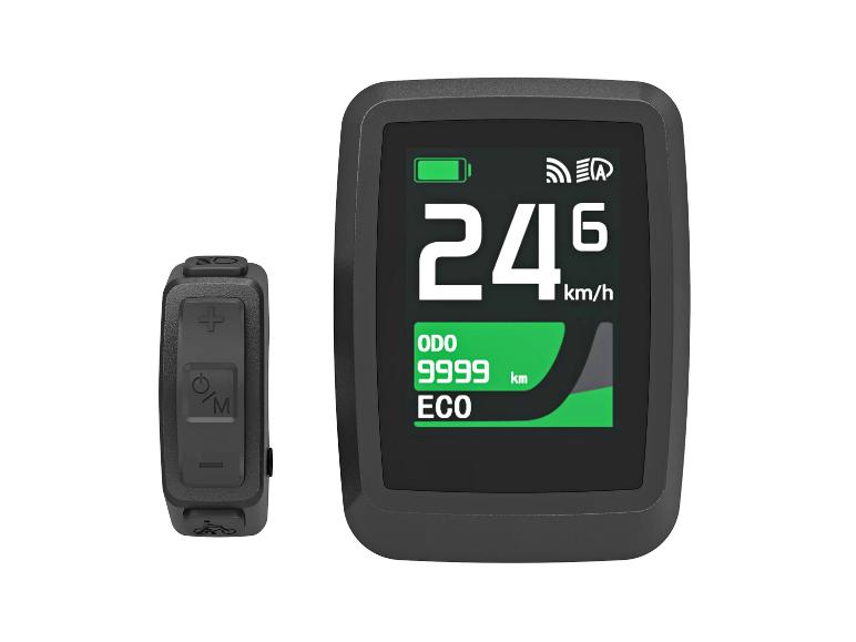 E-bike display en bedieningseenheid met snelheids-, kilometerteller- en modusweergave.
