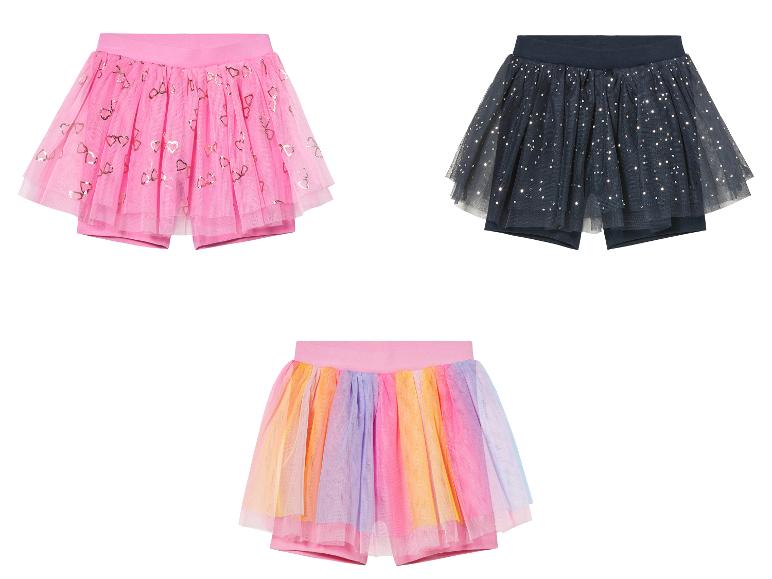 Tutu shorts voor meisjes: roze met gouden hartjes, donkerblauw met glitters, regenboog.