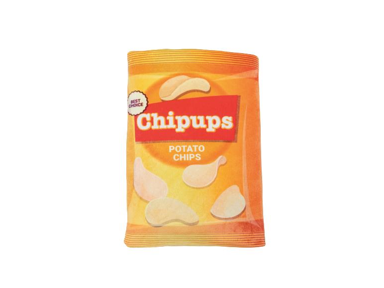 Een oranje zak 'Chipups POTATO CHIPS' met de tekst 'BEST CHOICE'.