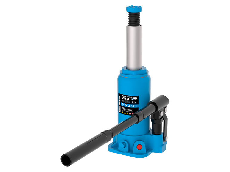 Een blauwe hydraulische krik met een zwarte hendel.