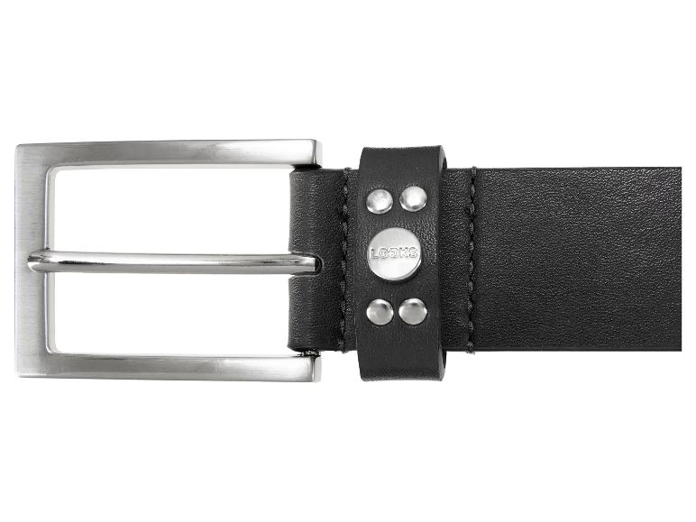 Zwarte leren riem met een zilveren metalen gesp en „LOOKS” details.