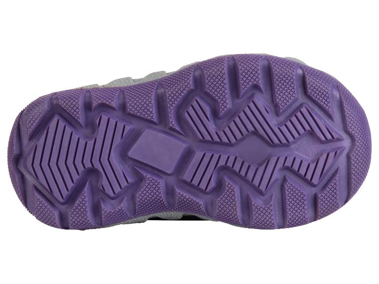 Paarse zool van een schoen met een duidelijk profiel.