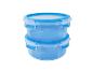 Twee blauwe ronde plastic containers gestapeld met deksels en sluitingen.