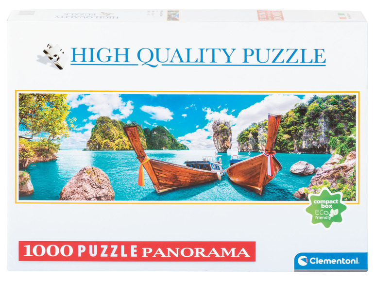 Een 1000-delige Clementoni-puzzel met een panorama van traditionele Thaise boten in een tropische baai.
