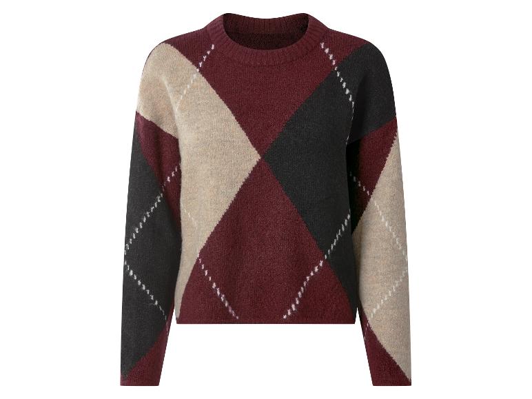 Bordeauxrode, beige en zwarte argyle trui met ruitpatroon.