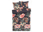 Een donkerblauw dekbedovertrek met een bloemenprint.