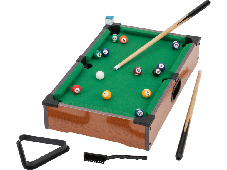 Mini-biljarttafel met keuen, ballen, triangel en borstel