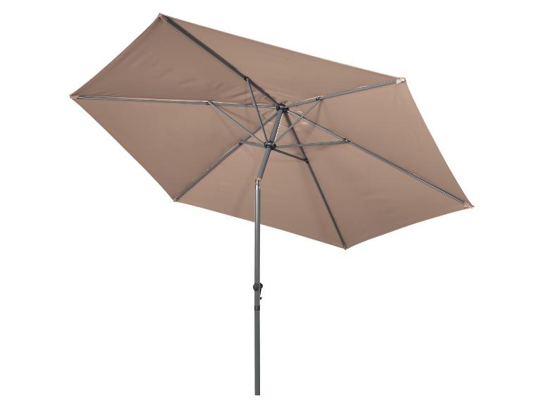 Beige rechthoekige tuinparasol met centrale paal en metalen frame