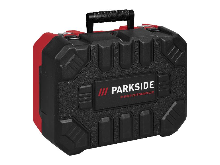 Zwarte en rode Parkside Performance gereedschapskoffer met handvat