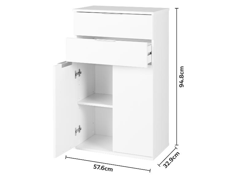 Witte kast met twee lades en twee deuren die planken binnenin tonen, met afmetingen.