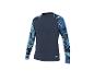 Donkerblauw shirt met lange mouwen en blauw bladpatroon op de mouwen.
