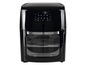 Een zwarte Gourmetmaxx airfryer met een glazen deur en een digitale timer.