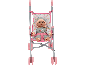 Pop in een roze poppenwagen.