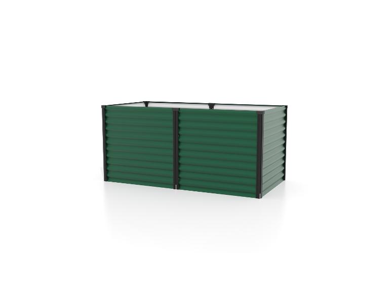 Donkergroene metalen verhoogde tuinbak met golfplaten.