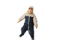 Lachende jongen in een beige en marineblauwe skipak met neongele rits en crèmekleurige muts