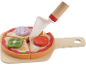 Houten speelgoedpizza met snijplank en mes, met afneembare toppings.