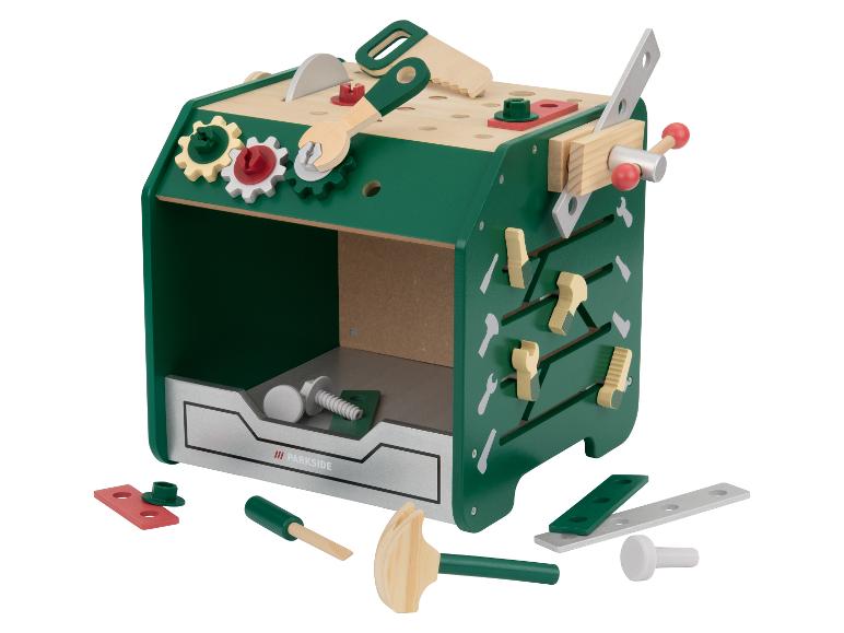 Houten kinderwerkbank met speelgoedgereedschap en accessoires
