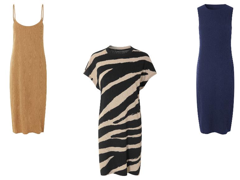 Zomerjurken: beige, zebraprint en donkerblauw.