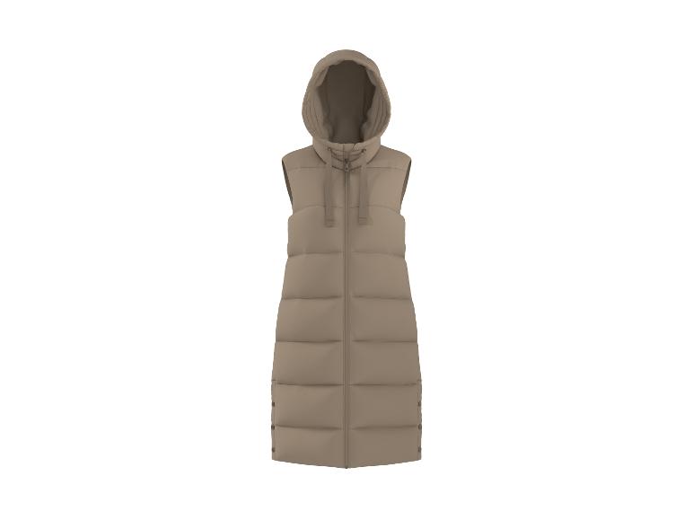 Beige, lange gewatteerde damesbodywarmer met capuchon.