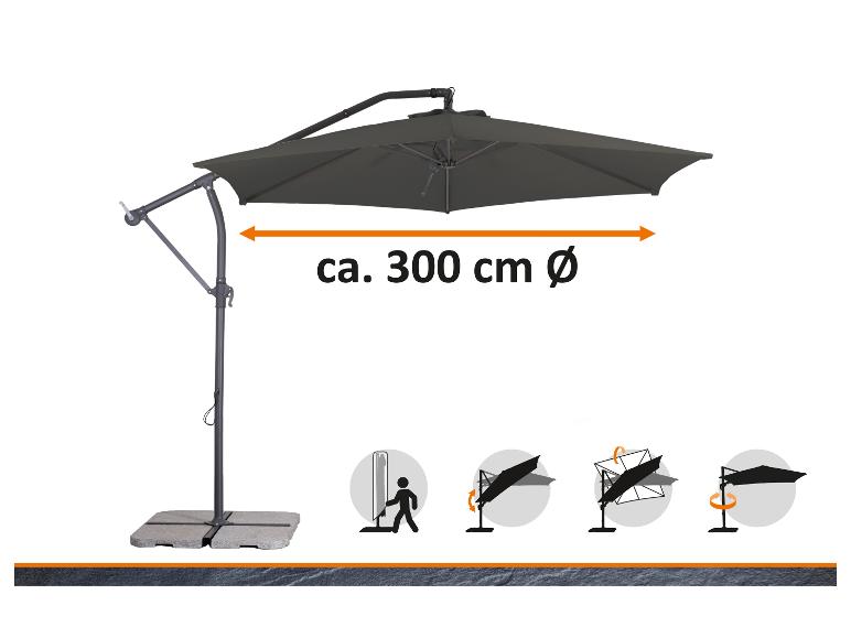 Tuinparasol met een diameter van 300 cm en kantel- en draaifuncties.