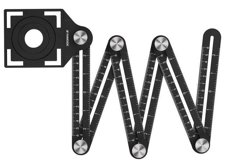 Een zwarte, vouwbare gradenboog met een ingebouwde waterpas en het merk Parkside.