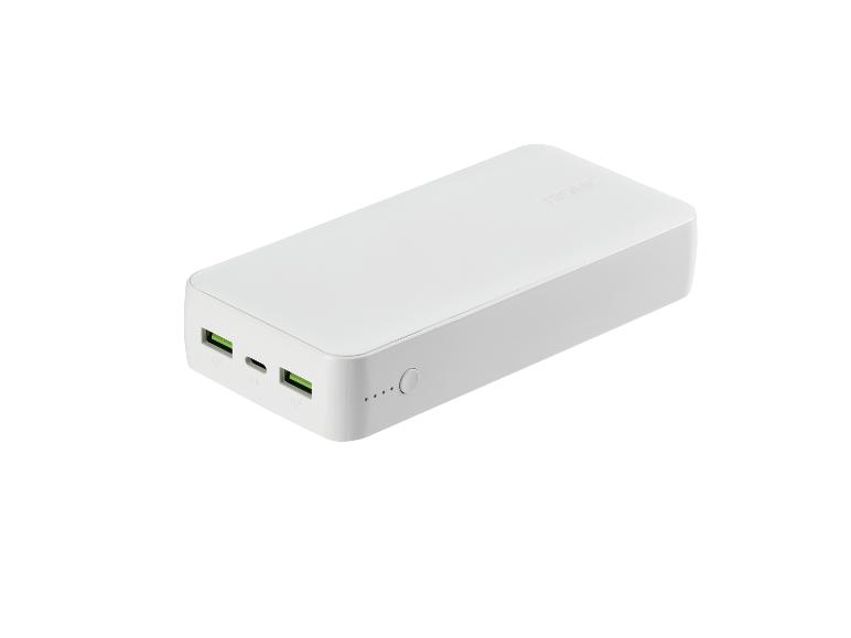 Witte Tronic powerbank met twee USB-poorten en één USB-C-poort.