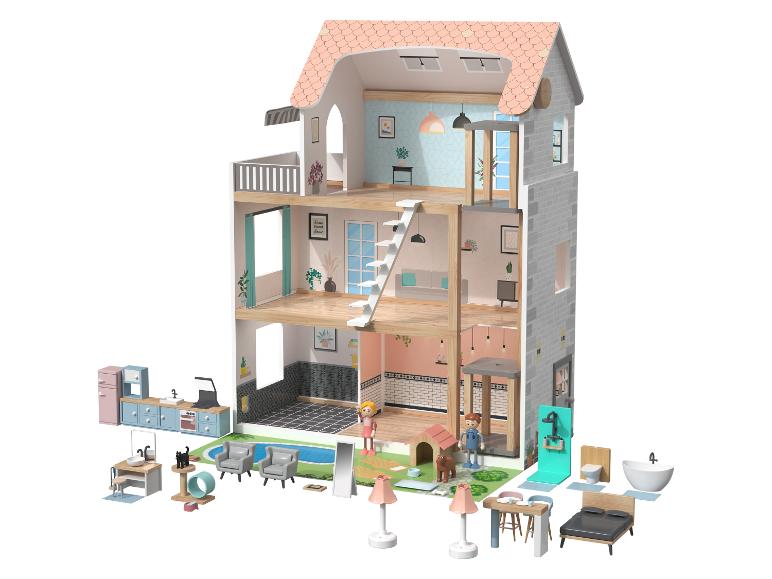 Een drieverdiepingen poppenhuis met een selectie meubels en figuren.