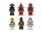 Zes LEGO Ninjago minifiguren: een ninja, twee rode demonen, een gouden ninja, een zwarte ninja en een vrouwelijke figuur.