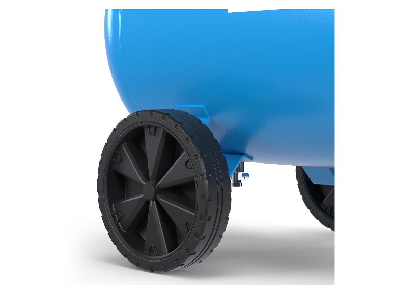 Blauwe compressor met zwarte wielen.