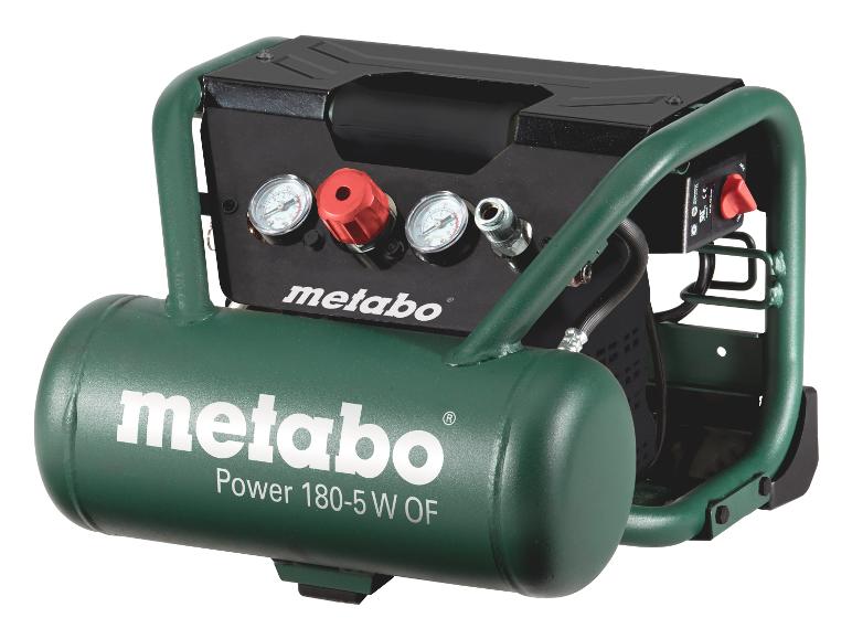 Groene en zwarte Metabo Power 180-5 W OF luchtcompressor met meters en regelaar.