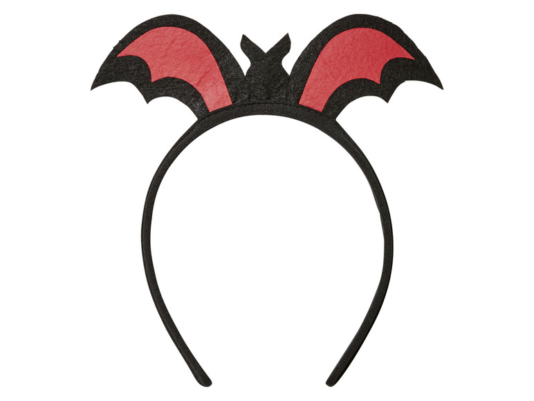 Een zwarte haarband met rode vleermuisoren voor Halloween.