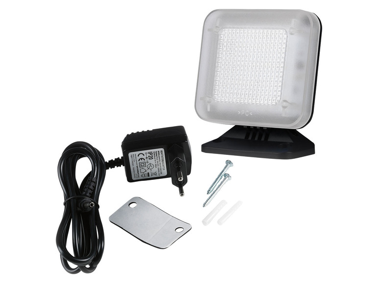 Een witte LED-lamp met een zwarte basis, bevestigingsmaterialen, een adapter en een stroomkabel.