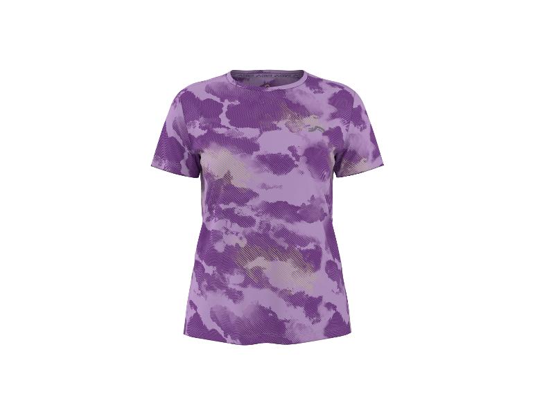 Paars sportshirt met abstracte patronen en diagonale strepen.